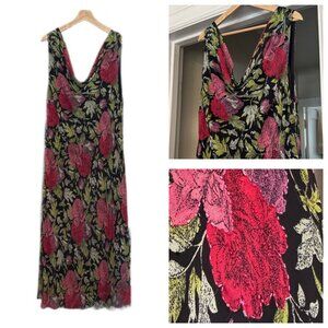Floral Cowl Neck Maxi Dress - Black with Pink & Green